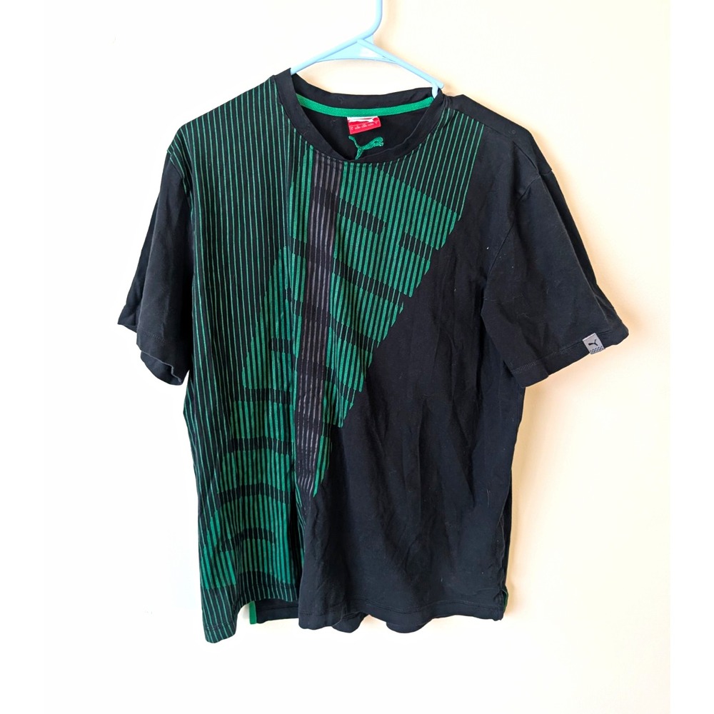 PUMA T-Shirt Men's L Black Green Graphic Print Logo Knit Short Sleeve Crew Neck